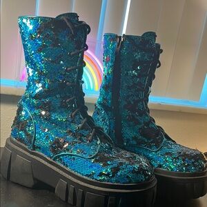 Sparkling Sequin Combat Boots - Black and Blue
